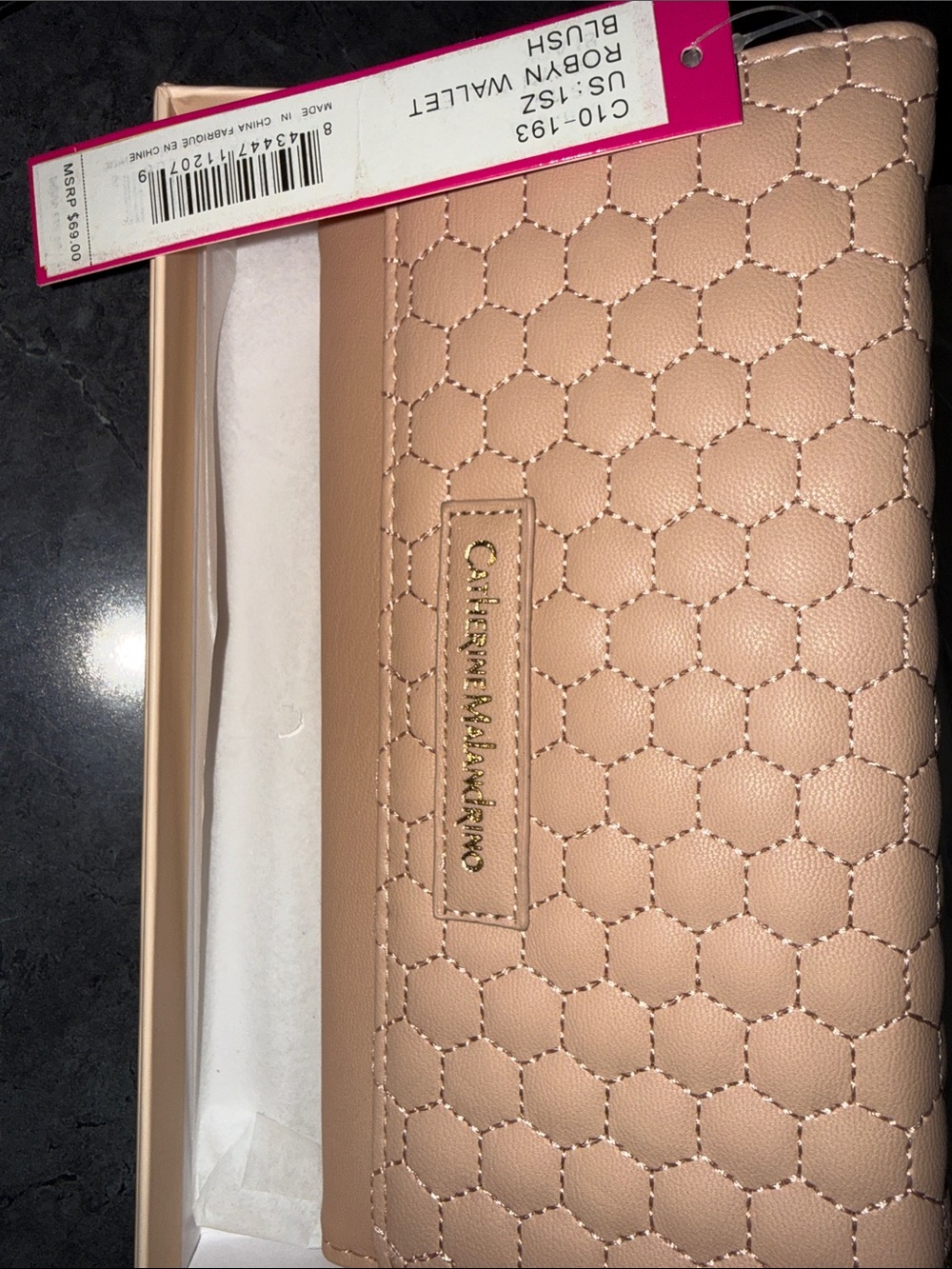 Catherine Malandrino Blush Quilted Hexagon Wallet with Gold Plaque